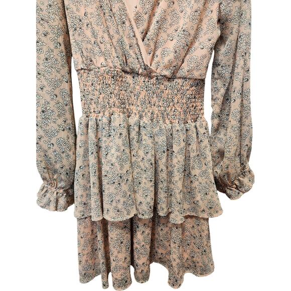 Lulus XL Pink Metallic Floral Smocked Waist Tiered Mini Dress EUC - Picture 3 of 5